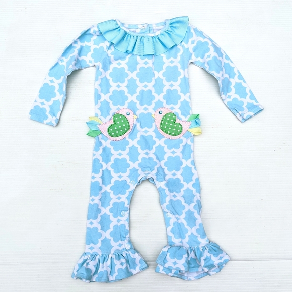 Mud Pie Other - MUD PIE baby girls bird applique blue printed romper